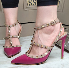 Valentino Garavani Rockstud Pink Leather Caged Heels Shoes Sandals EU37.5 UK 4.5