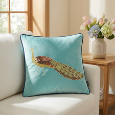Luxurious Embroidered Peacock Light Blue Cushion Cover Living Garden Room
