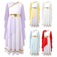 Girl's Roman Costume V Neck Gown Dress Ancient Greek Grecian Toga Fancy Dress UK