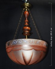 Art deco light antique pendant Rare plafonier Brass & Mahogany fittings C-1920s