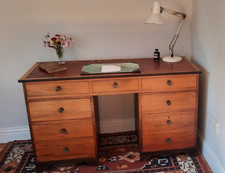 Vintage Mahogany Eight Drawer Kneehole Pedestal Desk Red Leather Inlay