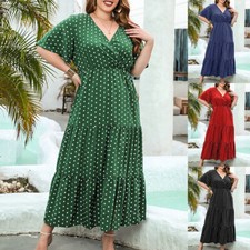 Plus Size Womens Polka Dots Maxi Dress V Neck Short Sleeve Summer Beach Kaftan