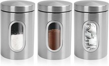 Set of 3 Canister Coffee Tea Sugar Storage Kitchen Jars Stainless Steel Pots