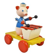 Vintage Wooden Drumming Piggy Push / Pull Along Toy Collectable