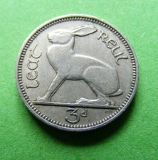 Ireland 1965 Threepence Coin Old Irish 3d Rabbit Harp