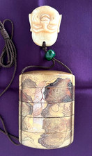 Antique Japanese Inro Netsuke Set 5-Tier Makie Gold Lacquer Mountains Waterfall