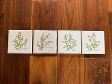 Vintage USA Ceramic Tile Set of 4 Herbs Mint, Marjoram, Oregano & Rosemary 4.25"