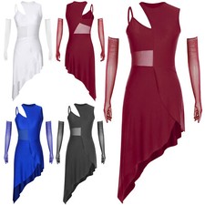 UK Womens Latin Dance Costume Sleeveless Asymmetrical Hem Dress With Long Gloves
