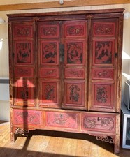 Chinese Cabinet – Red Lacquer, Hand Carved, Qing Dynasty