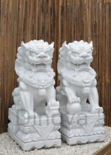 Dinova Pair Guardian Lions Polymarble White Statues Oriental Garden