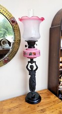 Victorian Figural Oil Lamp Pink Font & Tulip Shade Grecian Lady Duplex