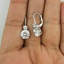 2.50Ct Round Diamond 2-Stone Lever Back Drop/Dangle Earrings 14K White Gold Over