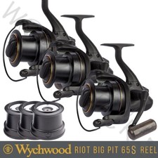 3 x Wychwood Riot 65S Big Pit Reel Carp Fishing Matt Black +Spare Graphite Spool