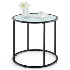 Round Glass End Table Metal Frame Faux Marble Top Side Table White
