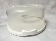 Round Cake Carrier Storage PVC Plastic Box Lockable Airtight Lid - White - USED