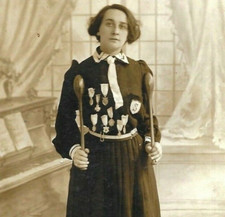 Real Photo Postcard Woman Indian Clubs Medals Patches Winner 1910s-1920s