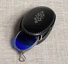 Antique c1820s Folding Blue Tinted Pince-Nez Glasses In Papier Mache Inlaid Case