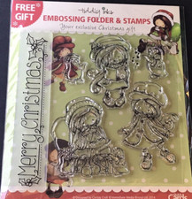Merry Christmas girl singing Tiddly Inks border embossing folder & clear stamps