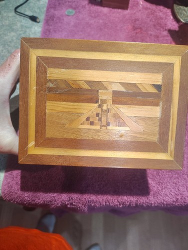Vintage wood inlay puzzle box - puzzle,