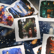 12PCs Rainy City Night Scenery Decal PET Stickers Phone Journal Scrapbook