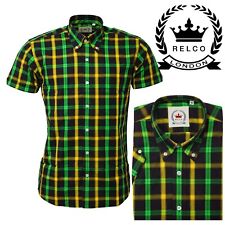 Relco Mens Black Green Yellow Jamaican Button Down Collar Ska Check Shirt