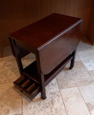 Antique Tea Table Trolley Twin Drop Leaf Mahogany Wood Drawer Castor Spacesaver 