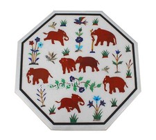 Marble Coffee Table Top Elephant Pattern Inlay Work Corenr table for Cafeteria