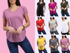 WOMENS LADIES PLAIN V NECK CURVED HEM TURN UP SHORT SLEEVE JERSEY T SHIRT TOP