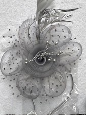Silver Gray Feather Mesh Fascinator Hat Clip/Band Wedding Tea Cocktail Party