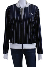 Fila Mens Velour Striped Full Zip Embroidered Light Bomber Jacket Blue Size M