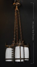 RARE GEC Art deco heavy cast bronze 3 arm chandelier opaline glass shades C-1930