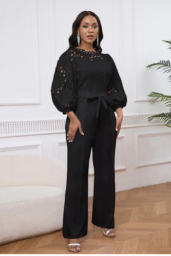 Elegant black lace wide leg - black,
