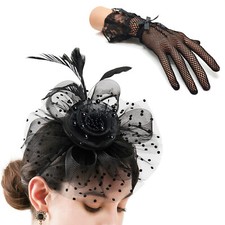 Women Fascinator Headband Gloves Set Church Kentucky Derby Hat Cocktail Party