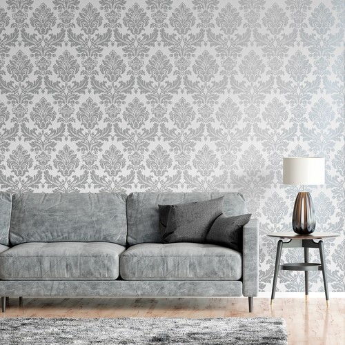 Silver grey damask - grey, wallpaper