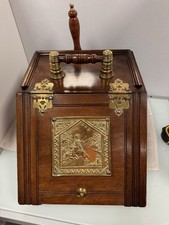 Victorian Mahogany Brass Coal Scuttle Box Purdonium Fishing Scene Brass Shovel