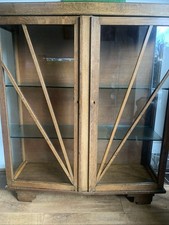 Vintage Wooden Display Cabinet with Glass Shelves & Art Deco Detailing