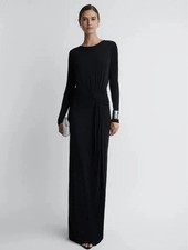 Reiss Dora Diamanté Back Black Drape Ruched Maxi UK 8
