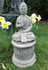 STONE GARDEN LARGE MEDITATING BUDDHA STATUE ON PLINTH PEDESTAL ORNAMENT🙏