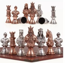 Vintage Figurines Metal Chess Set - Leather Chess Board With Metal Chess Pieces