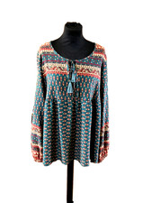 Size14 top by Buffalo hippy/smock tie neck + tassels long sleeve teal green mix
