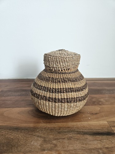 Handwoven reed rafia lidded - reed/rafia,