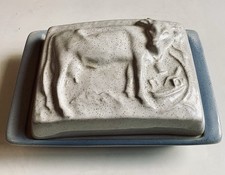 Hand Made Studio Stoneware Butter Dish Dairy Cow Design Vintage Relief Pattern