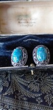 Antique Vintage 1940-s Solid Silver Egyptian Scarab Beetle Clip On Earrings.