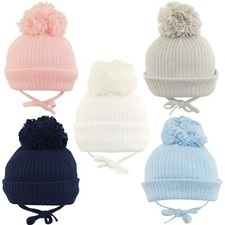 Baby Pom Pom Pom Hat Knitted Beanie Bobble Chin Ties Fleece Lined Boy Girl 0-18