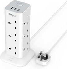 Tower Extension Lead with 3 USB 12 Way Multi Plug 2M Cable Surge Protected White