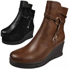 Ankle Wedge Boots Ladies Zip Mid Calf Womens Warm Lined Comfy Classy Shoes Sizes
