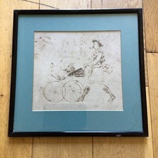 Old Vintage Antique Pen & Ink Drawing Of A Scotsman In A Kilt Pushing A Pram