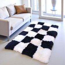 Black and White Cowhide Patchwork Rug | Handmade Checkerboard Shaggy Carpet