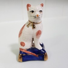 Staffordshire Ceramic Cat Figurine cobalt blue plinth handcrafted 11cm vintage