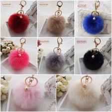 9 CM Fluffy Rabbit Very Soft Fur Ball Key Chain Pompom Handbag Car Key Ring UK